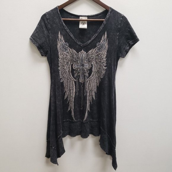 Vocal Tops - Vocal Womens Studded Wing T Shirt Size L Black Short Sleeve V Neck Pullover